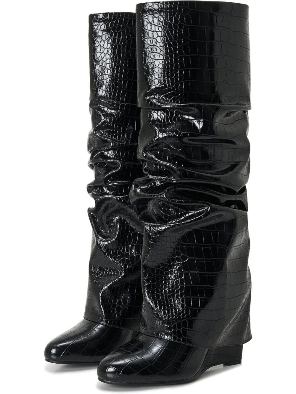 Women's Black1 Rubber Fold Over Knee High Wedge Pointed Toe Pull-On Boots